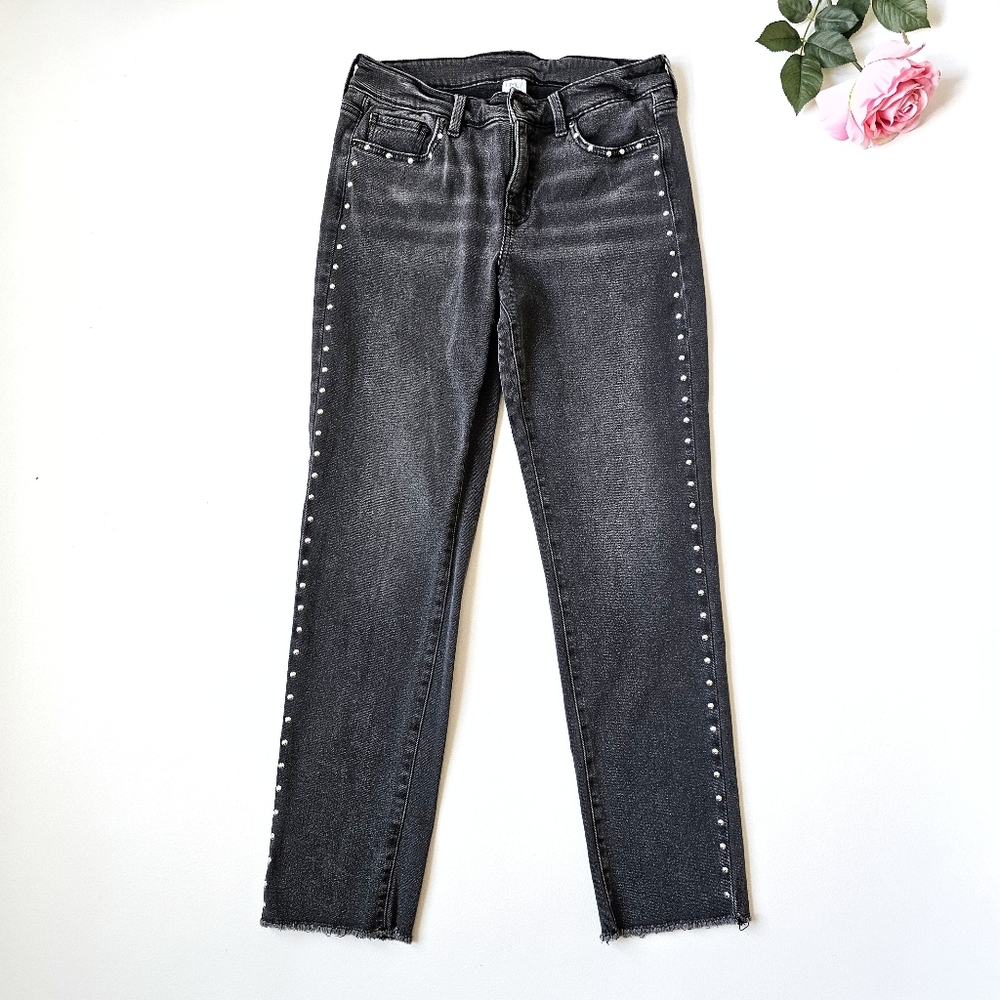 Time & Tru Studded Jeans Women’s Size 8 Black Gray Straight Leg Raw Hem Mid Rise